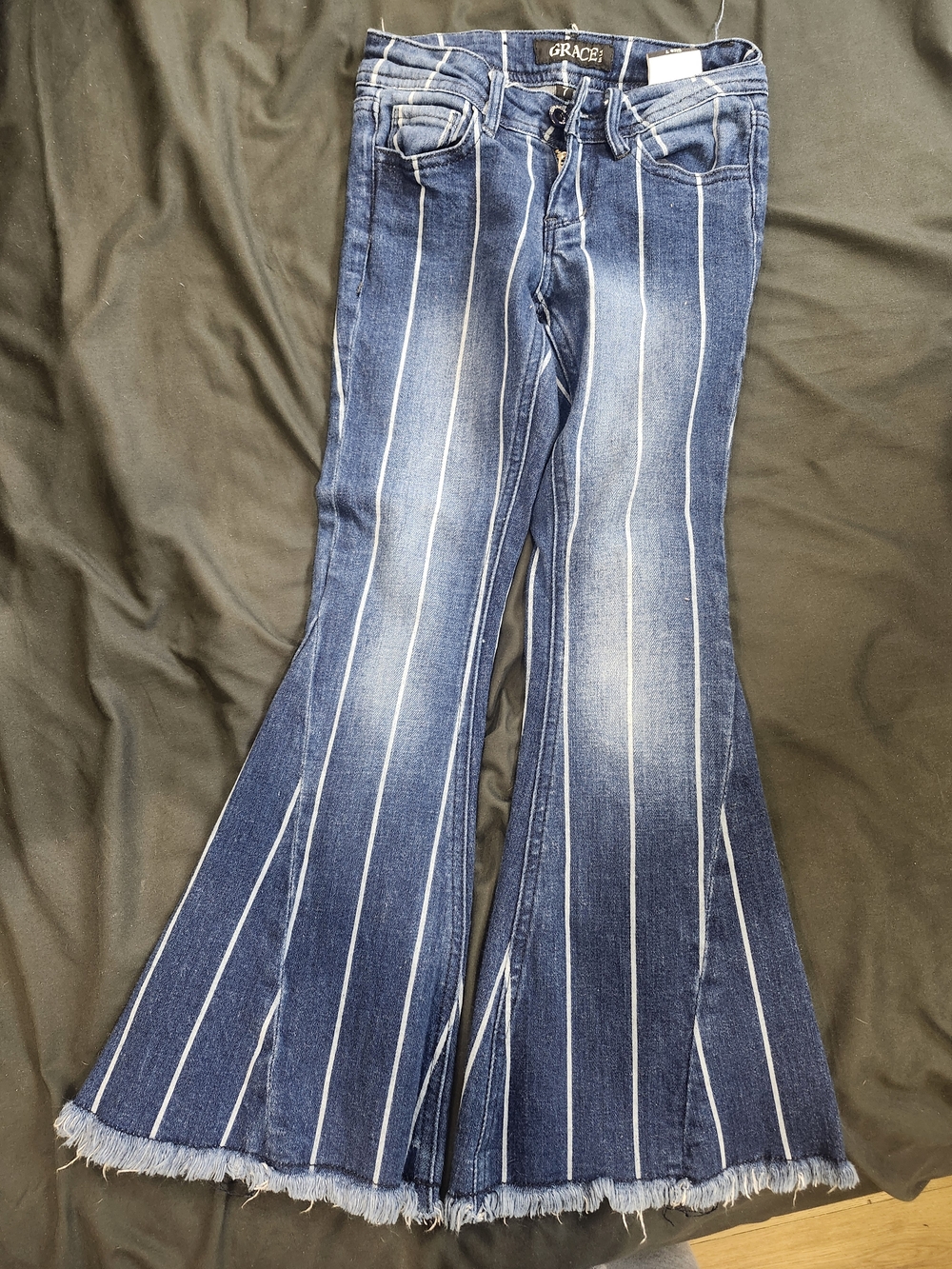 Grace Dark Blue Pinstripe Flare Jeans with Raw Hem
